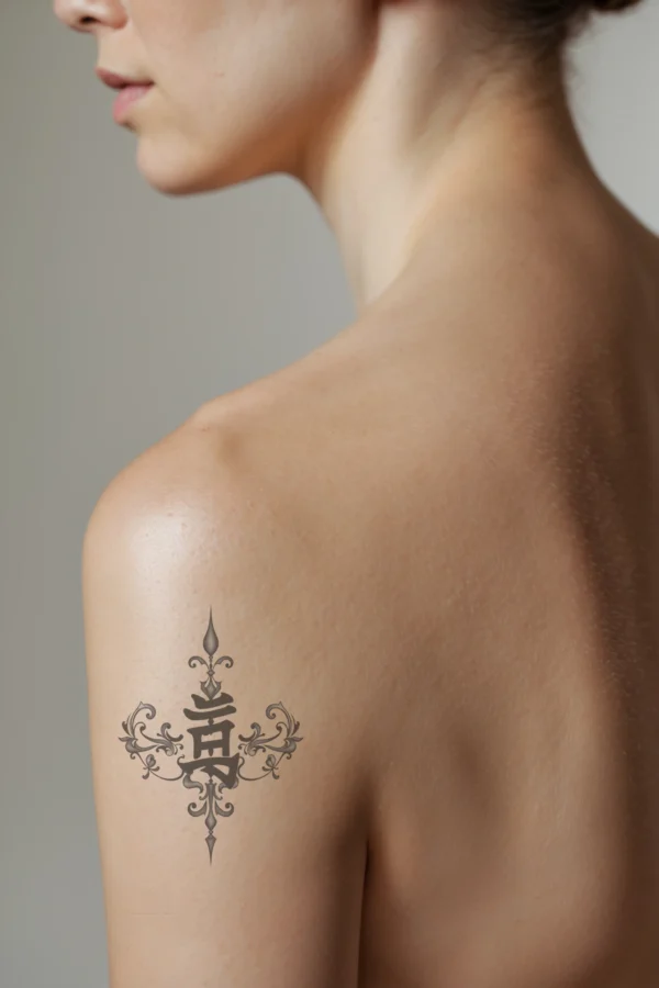 A person in profile showcases a temporary temporary tattoo on their shoulder, featuring a striking black and white design. The temporary tattoo is ornately detailed with a symmetrical, spire-like element at the top, flanked by floral and scrollwork motifs. At the center