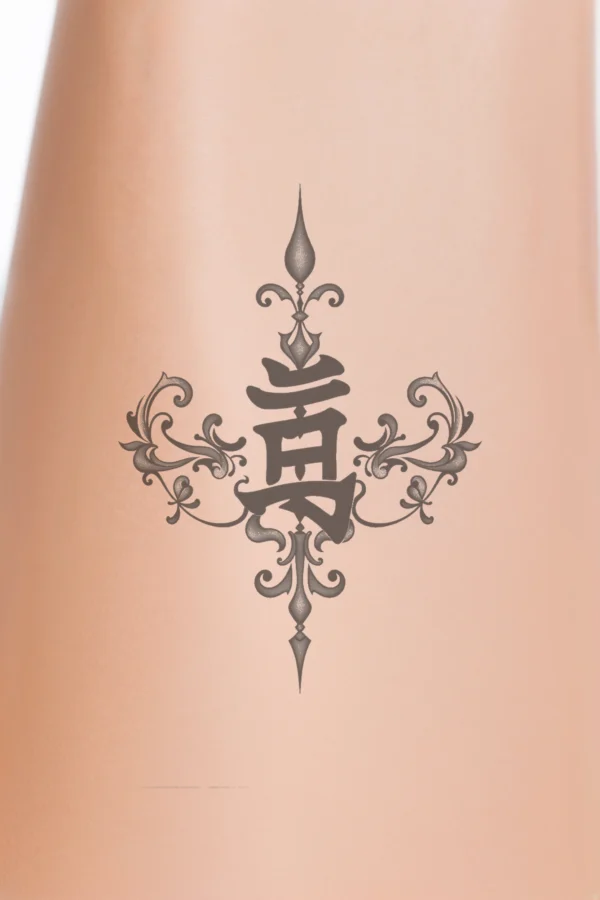 Black and white temporary temporary tattoo featuring a symmetrical, ornate design. At the top, a pointed, spire-like element is flanked by floral and scrollwork motifs. The central feature resembles a stylized "A" or "S" enclosed in a