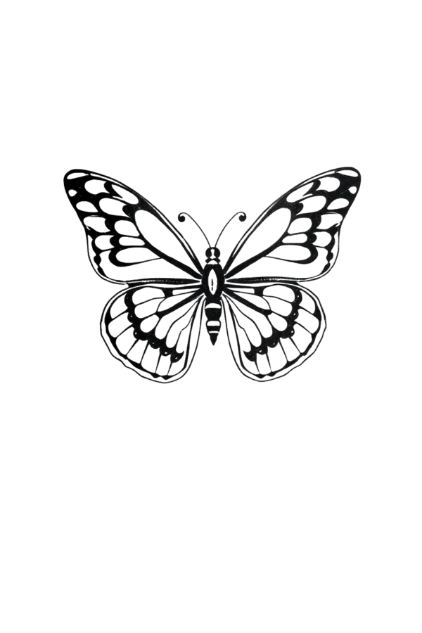 A black and white temporary temporary tattoo design featuring a centrally positioned butterfly with its wings spread wide. The symmetrical wings showcase intricate patterns in black and white, while the body is dark, possibly black or dark brown. The small dark head has long, thin antenna