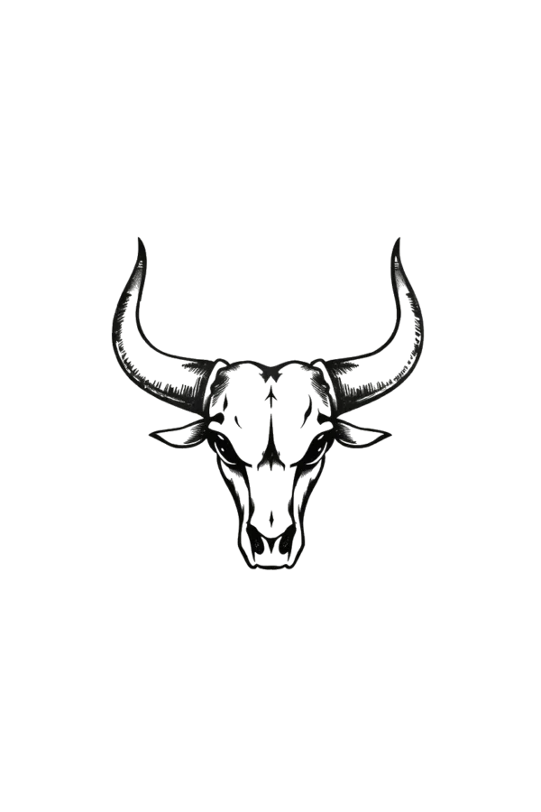 A bold black and white illustration of a bull's head facing forward, featuring thick, curved horns that emphasize strength and power. The bull is centered against a stark white background, creating a strong contrast and making the design the sole focal point of the image