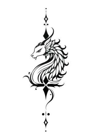 Black and white temporary tattoo of a dragon with its head facing left and body oriented right. The dragon features a pointed snout and detailed eye, complemented by intricate patterns along its body, stylized wings, and a flowing mane. The striking design stands