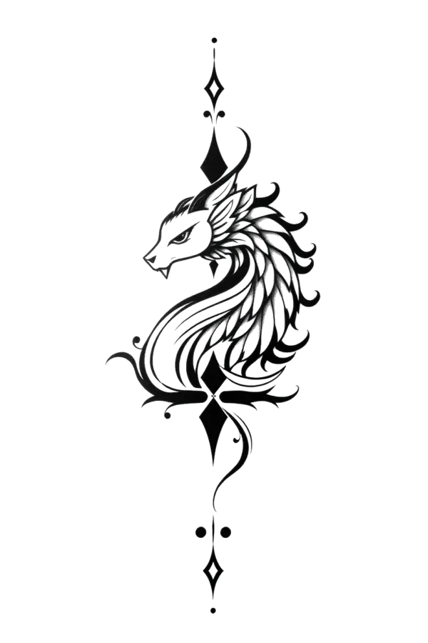 Black and white temporary temporary tattoo of a dragon with its head facing left and body oriented right. The dragon features a pointed snout and detailed eye, complemented by intricate patterns along its body, stylized wings, and a flowing mane. The striking design stands