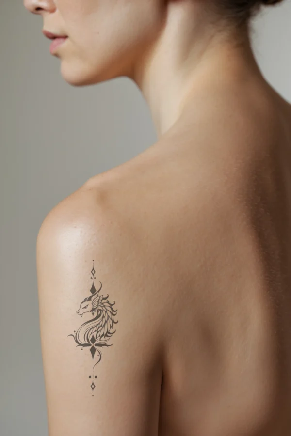 A profile view of a person's shoulder showcasing a striking black and white temporary temporary tattoo of a dragon. The dragon's head faces left, with its intricately designed body curving to the right. Detailed features include a pointed snout and a vivid eye,