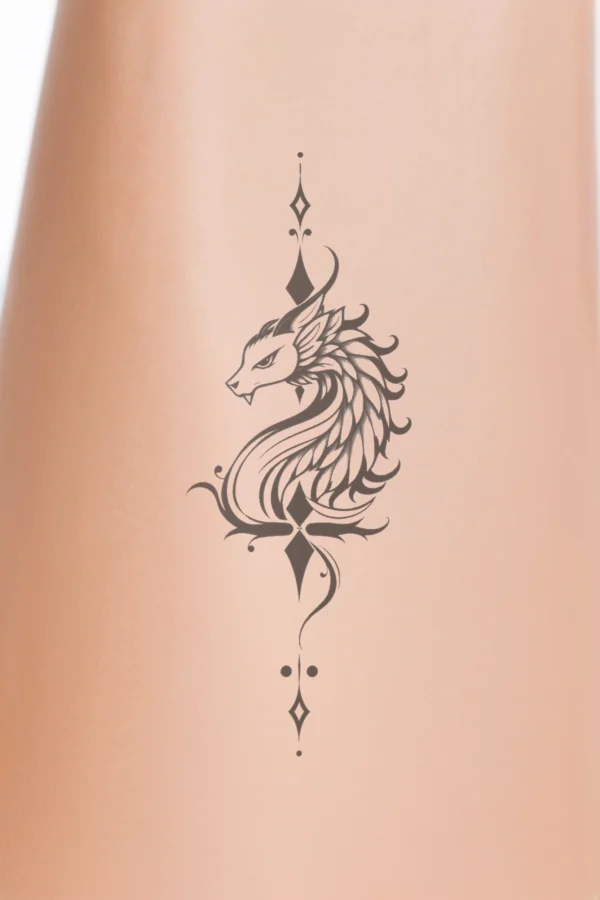 A striking black and white temporary temporary tattoo design featuring a dragon. The dragon's head faces left, showcasing a pointed snout and a detailed eye, while its body extends to the right. Intricate patterns adorn the dragon’s body, with stylized wings