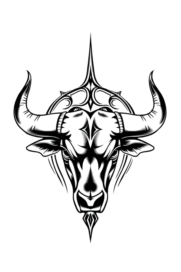 A bold black and white temporary temporary tattoo design featuring a detailed bull's head, facing right. The bull boasts a prominent left horn and a smaller right horn, with intricate patterns decorating its face, including a striking eye and defined nose. The muscular body is