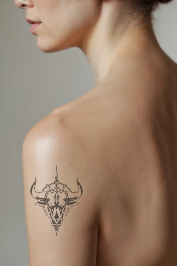 A profile view of a person showcasing a temporary temporary tattoo on their shoulder, featuring a striking black and white illustration of a bull's head. The bull faces right, showcasing a large, prominent horn on the left and a smaller horn on the right. Intr