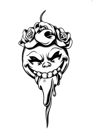 A bold black and white temporary tattoo design featuring a centrally positioned face with exaggerated traits. The face showcases a wide-open mouth with a protruding tongue and a broad smile, large round eyes, thick dark eyebrows, and a pointed nose. A crown of