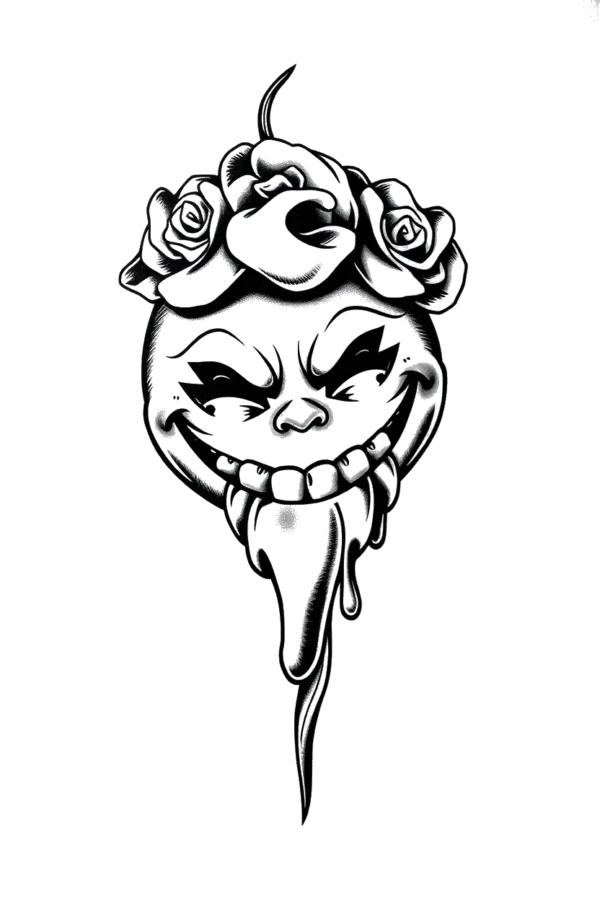 A bold black and white temporary temporary tattoo design featuring a centrally positioned face with exaggerated traits. The face showcases a wide-open mouth with a protruding tongue and a broad smile, large round eyes, thick dark eyebrows, and a pointed nose. A crown of