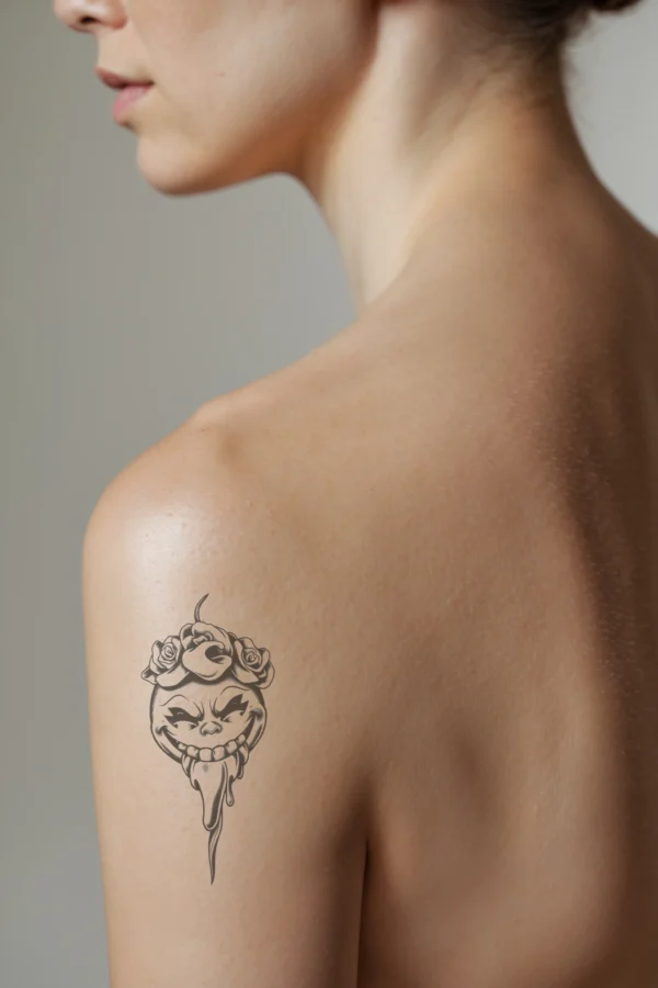A detailed temporary temporary tattoo on a person's shoulder features a striking black and white illustration of a face with exaggerated features. The face, centrally positioned, displays a wide-open mouth showing a tongue and a broad smile, with large, round eyes and thick dark eyebrows