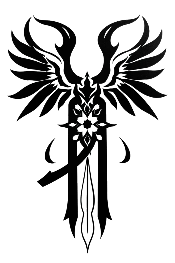 A bold black and white temporary temporary tattoo design featuring a stylized bird or mythical creature. The central head showcases a pointed beak, a large eye, and intricate details, while the long, curved neck leads to symmetrical wings that are spread wide, with