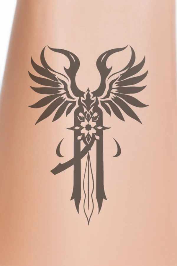 A bold black and white temporary temporary tattoo featuring a stylized bird or mythical creature. The design showcases a central head with a pointed beak, large intricate eye, and a long curved neck. Its wings are spread wide with symmetrical, elongated, and pointed