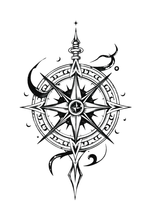 Black and white temporary temporary tattoo design featuring a detailed compass rose at the center, with clear cardinal directions (N, E, S, W) displayed. Surrounding the compass are intricate elements including a starburst pattern, a crescent moon, and styl
