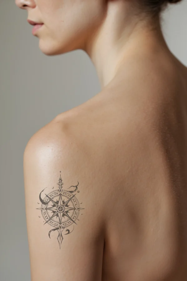 A profile view of a person's shoulder featuring a detailed black and white temporary temporary tattoo. The central design is a compass rose with the cardinal directions (N, E, S, W) clearly marked. Surrounding the compass are intricate elements including a starburst