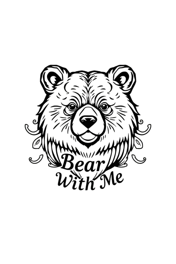 A detailed black and white temporary temporary tattoo design featuring a bear's head, which is the central focus of the image. The bear's large, expressive eyes gaze directly at the viewer, while its prominent nose and slightly open mouth create a gentle smile. The