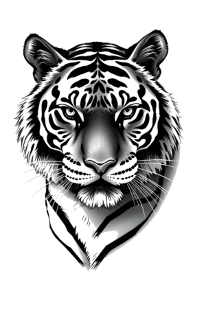A detailed black and white illustration of a tiger's face, centered in the image. The tiger's eyes and nose are prominently featured, with intricate patterns and textures highlighting the distinctive black stripes on its fur. The stark contrast between the black fur and the
