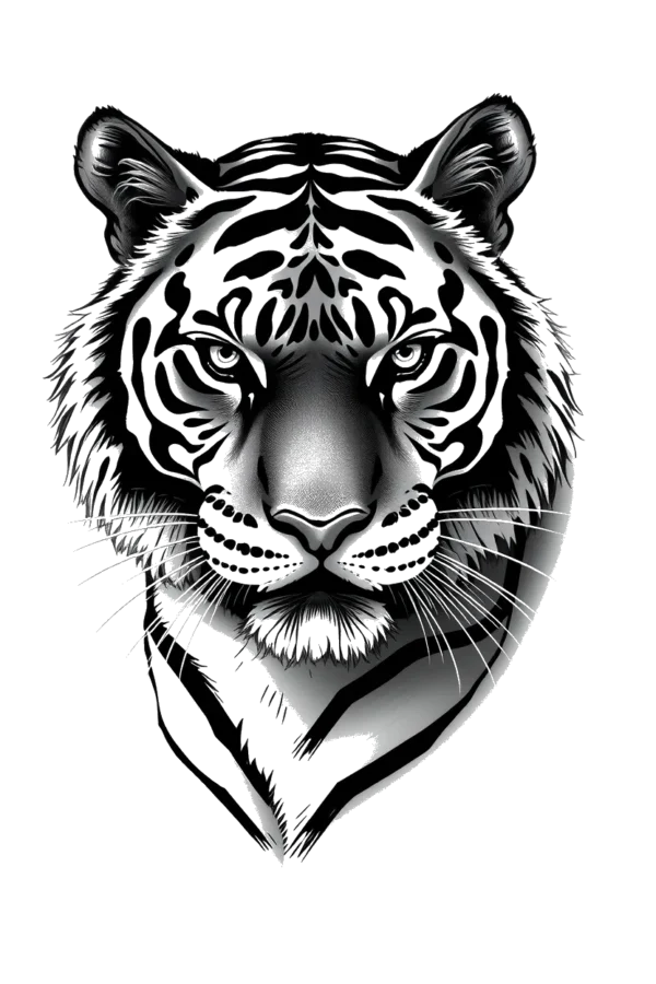 A detailed black and white illustration of a tiger's face, centered in the image. The tiger's eyes and nose are prominently featured, with intricate patterns and textures highlighting the distinctive black stripes on its fur. The stark contrast between the black fur and the
