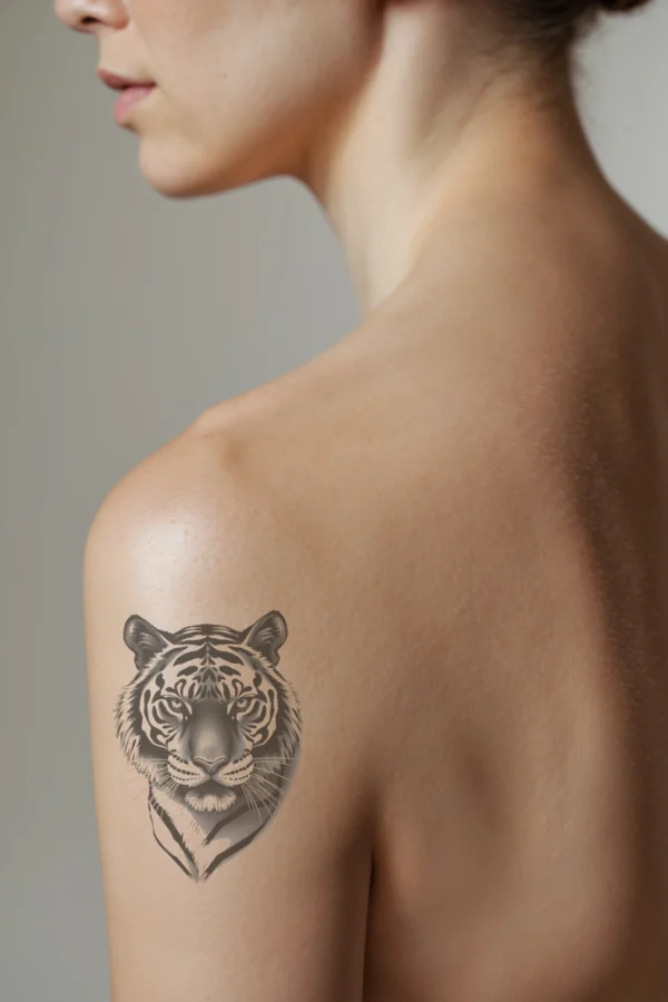 Profile view of a person's shoulder showcasing a temporary temporary tattoo of a detailed black and white illustration of a tiger's face. The tiger's head, centered in the image, features prominently displayed eyes and nose, with intricate patterns and textures illustrating its fur and distinctive