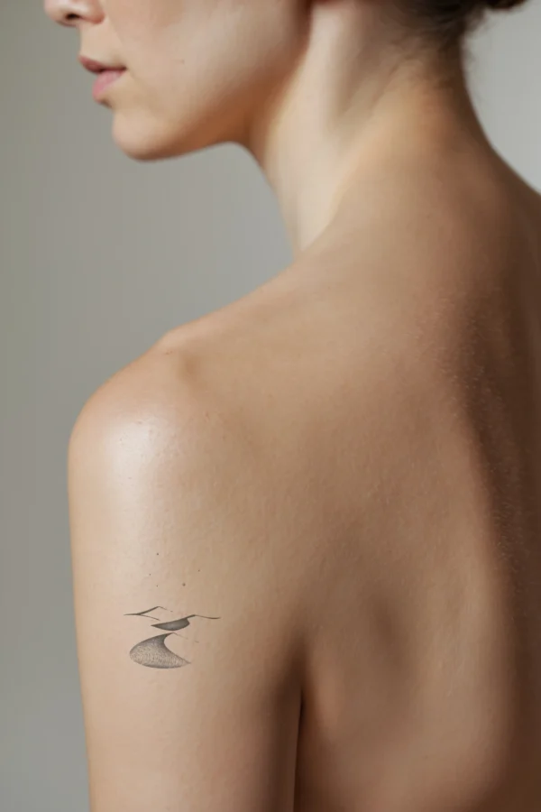 A minimalist black and white temporary temporary tattoo on a person's shoulder, depicting a stylized winding river. The temporary tattoo features flowing, dynamic lines and varying shades of gray, creating a sense of movement and depth. The river is made up of interconnected lines and shapes