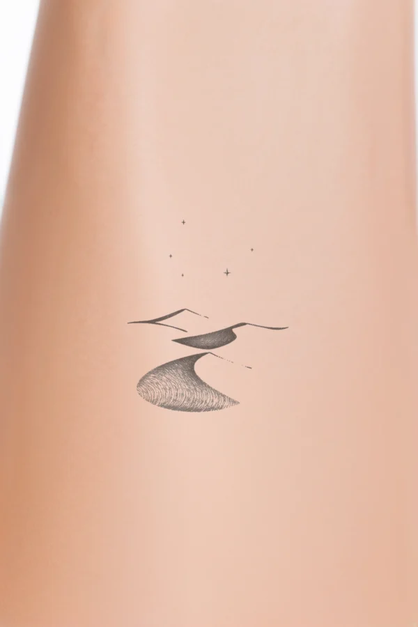 A minimalist black and white temporary temporary tattoo design featuring a stylized winding river. The river is illustrated with dynamic, flowing lines and varying shades of gray, creating an essence of movement and depth. The intricate pattern consists of interconnected lines and shapes, set against