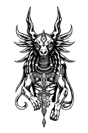 A detailed black and white temporary tattoo design featuring a fierce, mythical creature resembling a dragon or serpent. It has a large, ornate horn on its head, intense large eyes, and an open mouth with sharp teeth. The body showcases intricate patterns and is