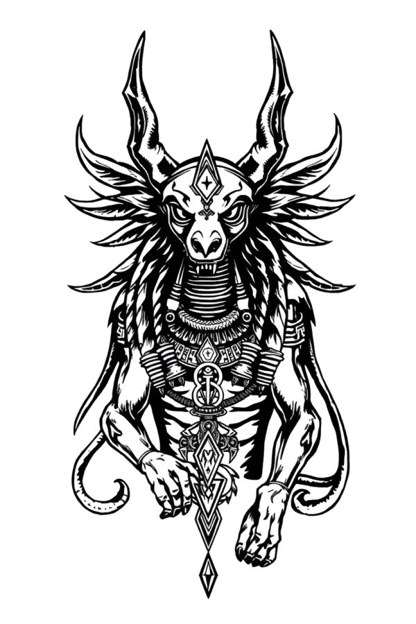 A detailed black and white temporary temporary tattoo design featuring a fierce, mythical creature resembling a dragon or serpent. It has a large, ornate horn on its head, intense large eyes, and an open mouth with sharp teeth. The body showcases intricate patterns and is