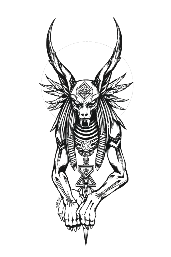 A black and white temporary temporary tattoo design featuring a stylized creature with long, pointed horns and a prominent, elongated nose. The creature's face is intricately decorated with geometric patterns and stylized eyes, while its body includes a crown-like headdress and