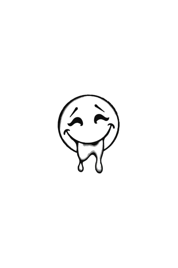 Alt text: "A temporary temporary tattoo design featuring a simple, black and white smiling face. The face consists of two oval shapes: the top half features a curved line for the mouth, while the bottom half mirrors this shape. The eyes are depicted with