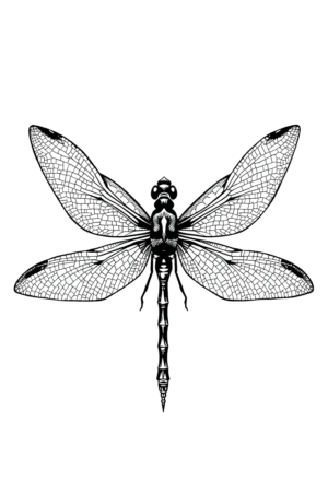 Black and white illustration of a dragonfly facing right, with wide-spread wings displaying intricate patterns. The dragonfly has a predominantly black body featuring white details, dark head, and thin, elongated legs situated near the center. The design is minimalistic