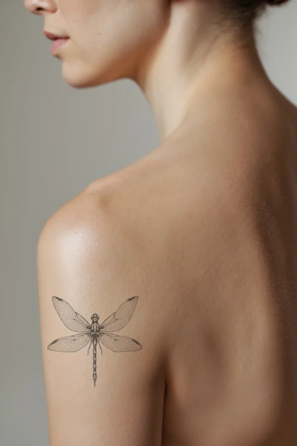 Temporary temporary tattoo design featuring a detailed black and white illustration of a dragonfly on a person's shoulder. The dragonfly is shown in profile, facing right, with its wings spread wide to reveal intricate patterns. Its body is predominantly black with white accents, and