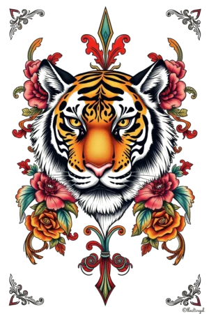A temporary tattoo featuring a striking portrait of a tiger's face, illustrated in a traditional tattoo style. The tiger, with a serene expression and intense orange eyes, is rendered in vivid orange and black fur. It is adorned with a decorative crown-like element