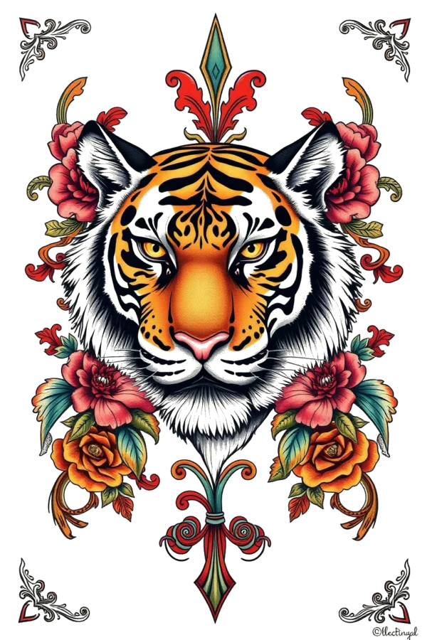A temporary temporary tattoo featuring a striking portrait of a tiger's face, illustrated in a traditional temporary tattoo style. The tiger, with a serene expression and intense orange eyes, is rendered in vivid orange and black fur. It is adorned with a decorative crown-like element