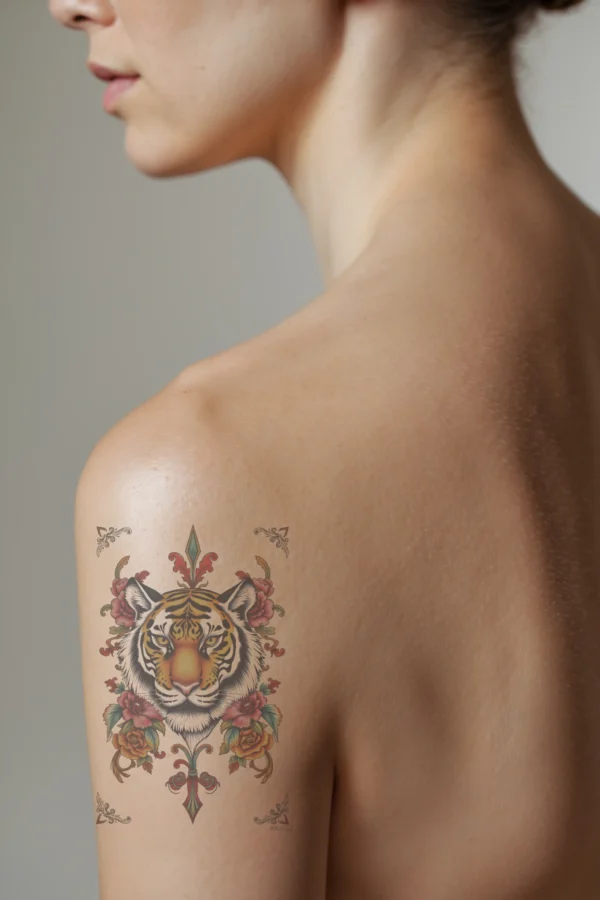A profile view of a person showcasing a temporary temporary tattoo on their shoulder. The temporary tattoo features a striking portrait of a tiger with a serene expression, its vibrant orange and black fur creating a bold contrast against the white background. The tiger’s intense orange eyes gaze