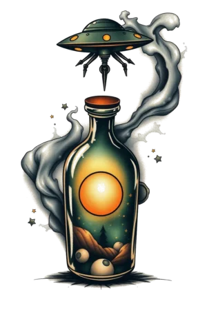 A temporary tattoo design featuring a green glass bottle with a dark green lid, adorned with a bright orange-yellow sun at its center. The bottle is enveloped in swirling gray smoke and is topped by a small, dark green alien spacecraft hovering above. The