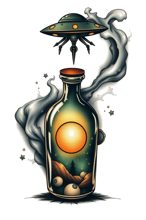 A temporary temporary tattoo design featuring a green glass bottle with a dark green lid, adorned with a bright orange-yellow sun at its center. The bottle is enveloped in swirling gray smoke and is topped by a small, dark green alien spacecraft hovering above. The