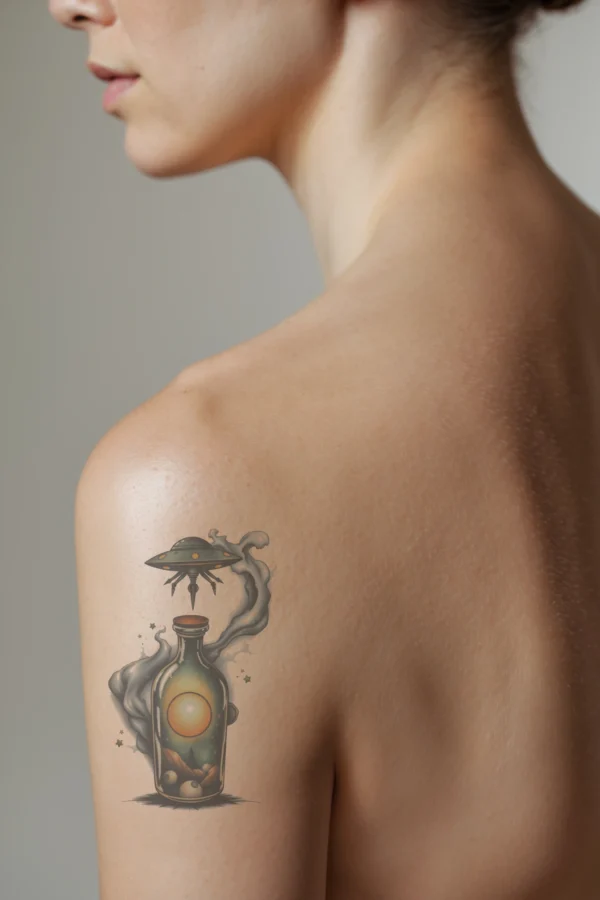 A profile view of a person showcasing a temporary temporary tattoo on their shoulder. The temporary tattoo features a green glass bottle with a dark green lid, centered within a swirling gray smoke. Above the bottle, a small dark green alien spacecraft hovers, while a bright