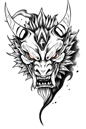 Temporary tattoo design featuring a detailed black and white illustration of a dragon's head. The dragon has a large, pointed horn on its left side, an open mouth displaying sharp teeth, and striking orange-red eyes. Its mouth is black, set against a