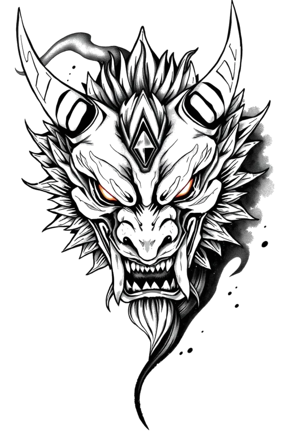 Temporary temporary tattoo design featuring a detailed black and white illustration of a dragon's head. The dragon has a large, pointed horn on its left side, an open mouth displaying sharp teeth, and striking orange-red eyes. Its mouth is black, set against a