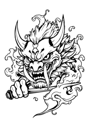 The image shows a bold, black and white temporary tattoo design featuring a fierce creature with a large head and sharp, pointed snout. Its wide-open mouth displays sharp teeth, contributing to its menacing expression. The creature's eyes are intense and wide