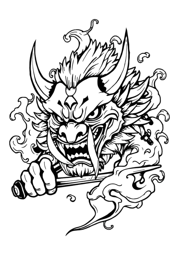 The image shows a bold, black and white temporary temporary tattoo design featuring a fierce creature with a large head and sharp, pointed snout. Its wide-open mouth displays sharp teeth, contributing to its menacing expression. The creature's eyes are intense and wide