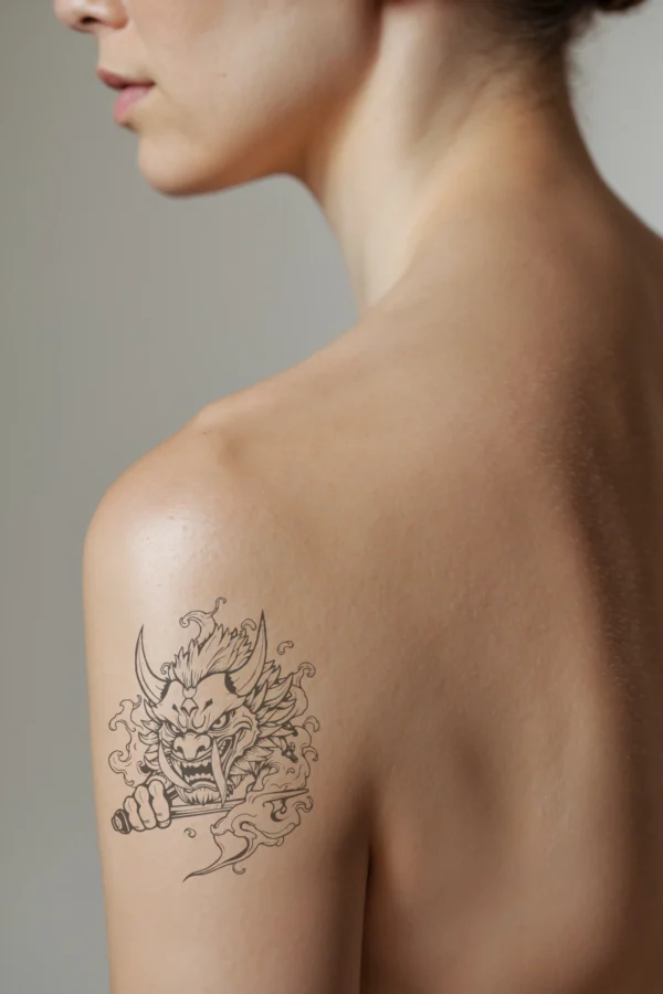 A profile view of a person's shoulder featuring a detailed temporary temporary tattoo. The temporary tattoo depicts a fierce creature with a large head, pointed snout, and sharp teeth in an open mouth. Its intense, wide eyes convey a powerful expression. The body is partly