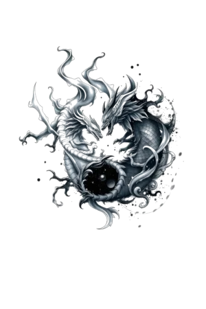 Temporary tattoo design featuring a stylized dragon in shades of gray and black. The dragon, positioned centrally and facing right, has a predominantly black body with gray accents and wings. Its head is dark gray or black, with a lighter gray mouth and dark
