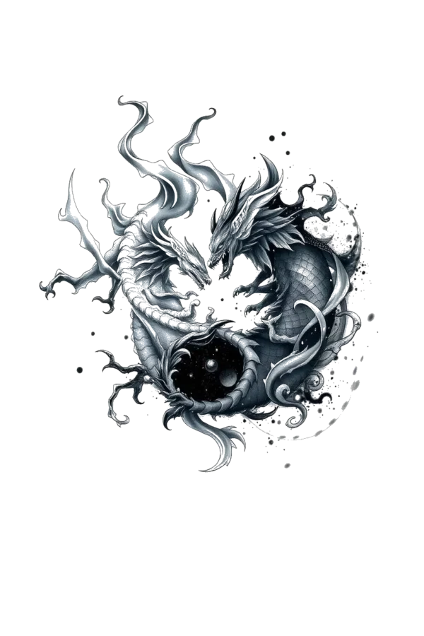 Temporary temporary tattoo design featuring a stylized dragon in shades of gray and black. The dragon, positioned centrally and facing right, has a predominantly black body with gray accents and wings. Its head is dark gray or black, with a lighter gray mouth and dark