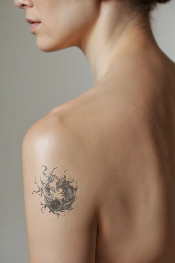 Profile view of a person's shoulder featuring a detailed temporary temporary tattoo of a dragon. The dragon is rendered in shades of black and gray, with a fierce expression and swirling, fiery tail. Its body is predominantly black, accented with gray, while the wings showcase