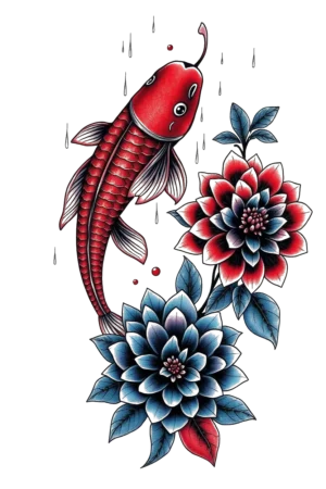 A temporary tattoo design featuring a vibrant koi fish with a red body and black spots swimming in a pond. The fish is centrally positioned, facing right, surrounded by a large dark burgundy flower with a bright red center and a smaller dark blue flower with