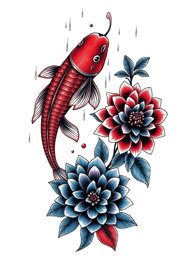 A temporary temporary tattoo design featuring a vibrant koi fish with a red body and black spots swimming in a pond. The fish is centrally positioned, facing right, surrounded by a large dark burgundy flower with a bright red center and a smaller dark blue flower with