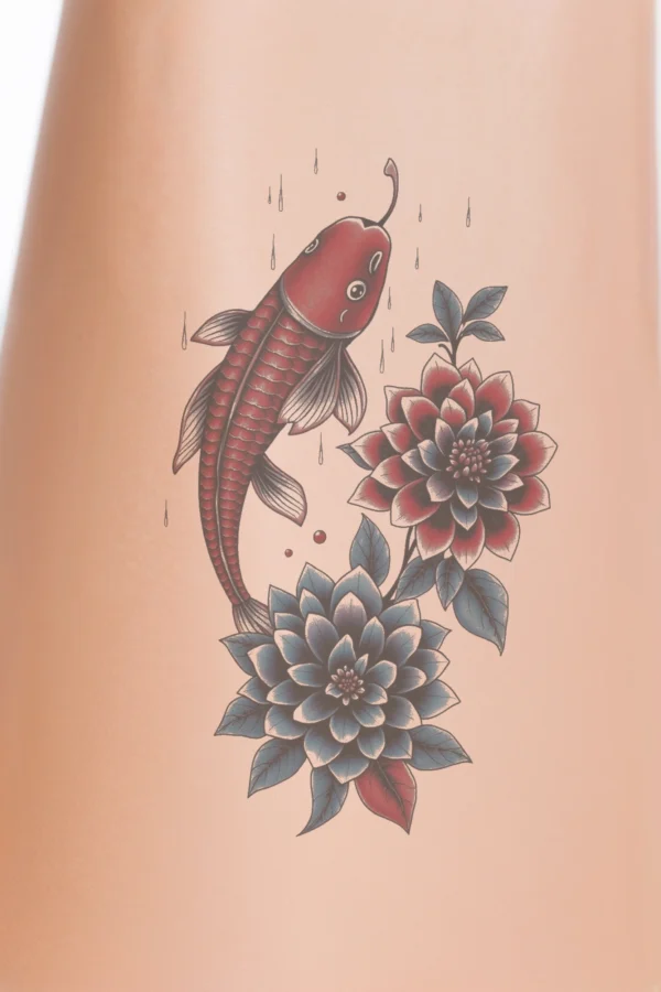 A temporary temporary tattoo design featuring a vibrant koi fish with a red body and black spots swimming in a pond. The fish is centered and facing right, surrounded by various flowers: a large dark red flower with a striking red center and a smaller dark blue/