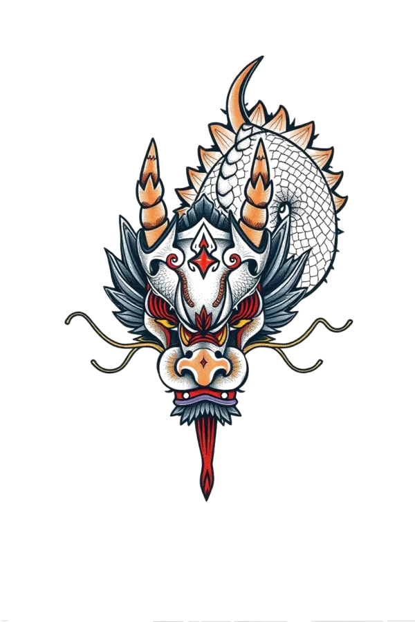 A vibrant temporary temporary tattoo featuring a stylized dragon with a predominantly white body accented by bold red and orange hues. The dragon's head, highlighted with intricate details, has a pointed snout, a pair of sharp horns, and striking yellow eyes. Its