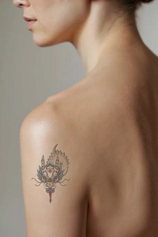 A profile view of a person's shoulder displaying a vibrant temporary temporary tattoo of a stylized dragon. The dragon's head, featuring sharp teeth and striking yellow eyes, is the focal point, rendered in a mix of red, orange, and white. Its body