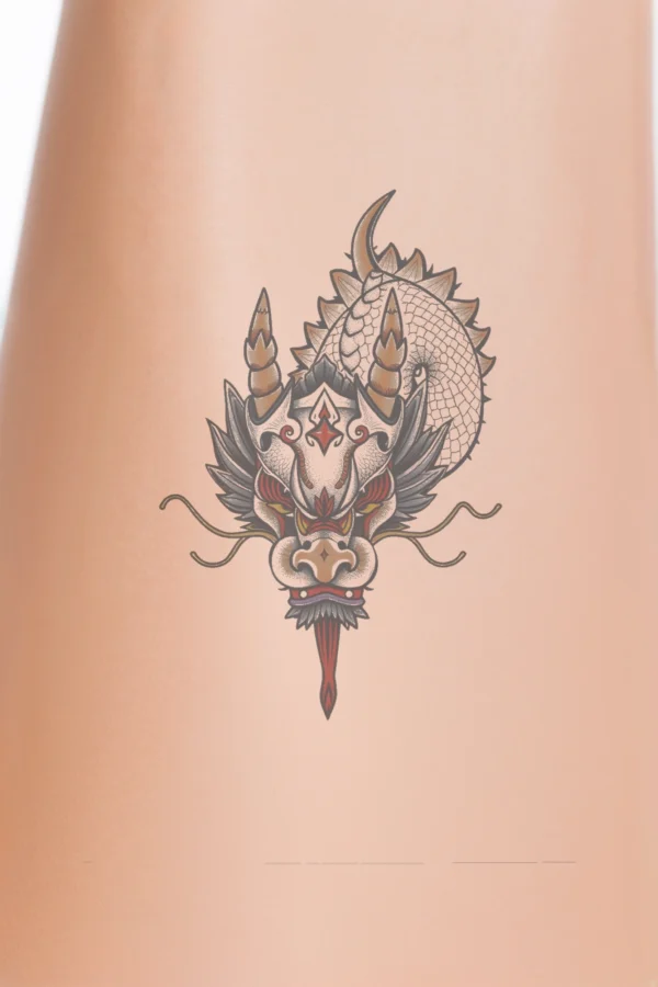 A vibrant temporary temporary tattoo featuring a stylized dragon, showcasing its intricately detailed head in red, orange, and white. The dragon's mouth is open, displaying sharp teeth, while its striking yellow eyes and pointed horns emphasize its fierce expression. The dragon
