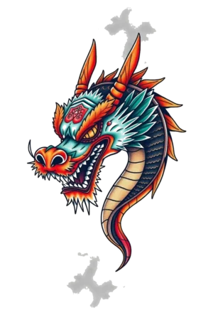 A vivid temporary tattoo design featuring a dragon's head facing left, with its mouth open in a roar. The dragon's striking yellow eyes contrast with its deep red mouth. Its body showcases vibrant shades of blue and black, accented by hints of orange and